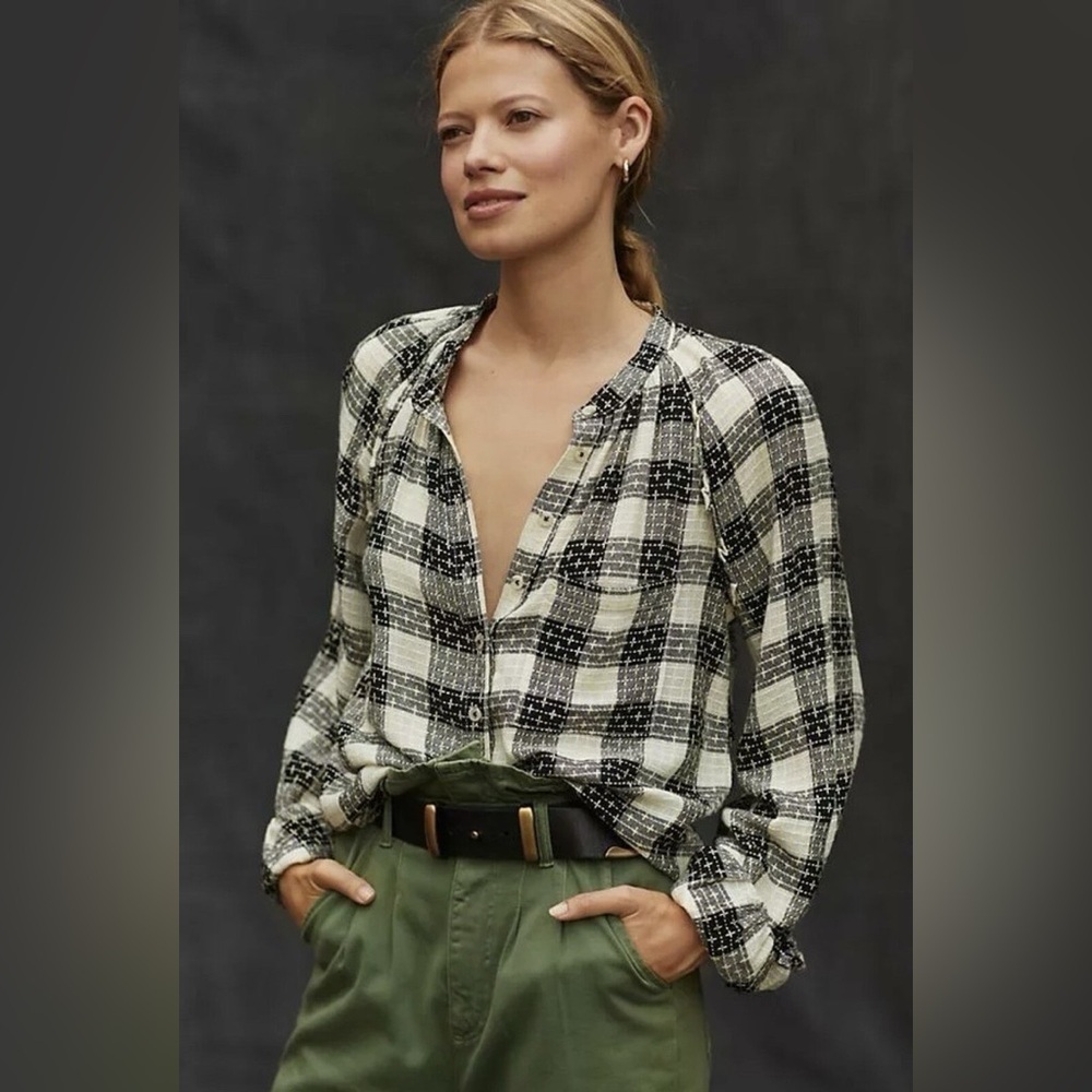 Anthropologie Pilcro Stitch Plaid Long Sleeve Relaxed Button Down‎ Shirt Size XS